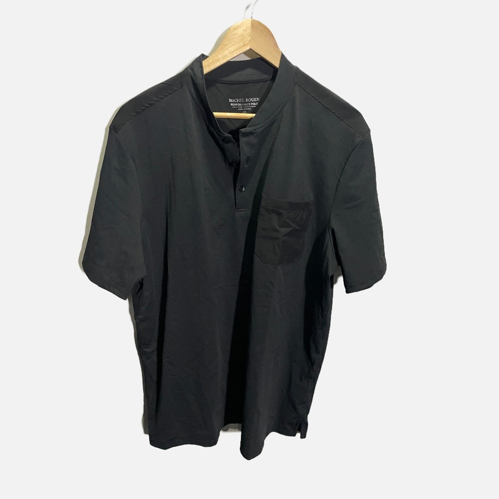 Michel Rouen Performance‎ Polo Shirt Black Mandarin Collar Short Sleeve XL